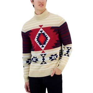 Club Room Turtleneck Sweater with Red and Beige Pattern